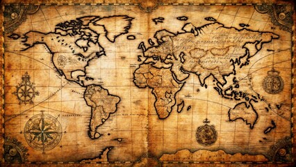 Fototapeta premium Antique-style old map paper with faded edges, intricate cartographic details, and vintage illustrations, creating a sense of exploration and history, perfect for travel-themed designs, decor.