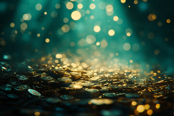 Pile of gold coins on abstract green background with bokeh. Design festive background template for St. Patrick's Day, holiday or event with space for text