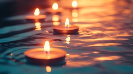 Fototapeta premium Floating Candles with Warm Glowing Flames on Rippling Water