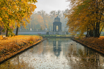 Autumn in Białystok Park - Planty view of the Pavilion under the eagle Branicki Palace