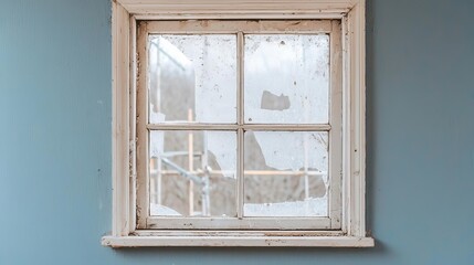 Cracked and dusty windows in an old house, with renovation scaffolding visible outside, symbolizing the start of transformation house  dust  renovation, bringing life back