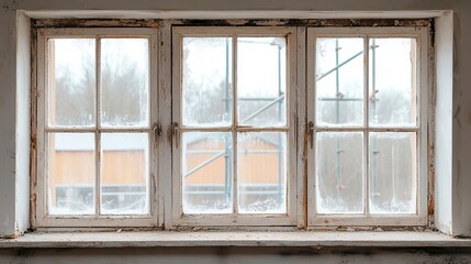 Cracked and dusty windows in an old house, with renovation scaffolding visible outside, symbolizing the start of transformation house  dust  renovation, bringing life back