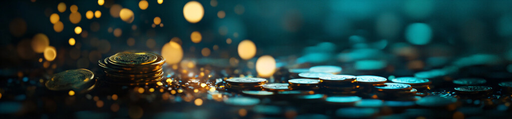Obraz premium Pile of gold coins on abstract green background with bokeh. Banner festive background template for St. Patrick's Day, holiday or event with space for text