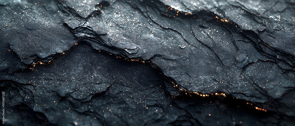 Aufkleber a close-up view of textured dark rock layers illuminated by tiny shimmering golden flecks, creating 