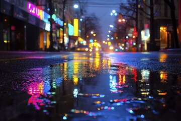 Obraz premium City Lights Reflecting in a Puddle After Rain