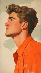 Fototapeta premium Vintage Illustration of a Contemplative Young White Man with Brown Hair in Orange Shirt, Portrait Art for Historical Themes and Retro Designs, Generative AI