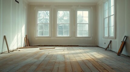 Fototapeta premium Old house interior covered in layers of dust, with renovation tools scattered around, signaling a rebirth in process house dust renovation, beginning anew
