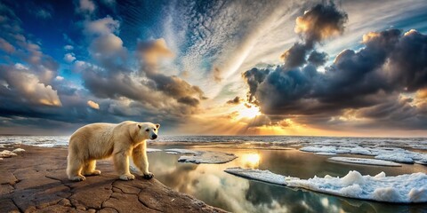 Fototapeta premium Polar Bear in Abandoned Landscape Highlighting Global Warming Effects - Panoramic Photography