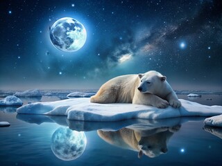 Obraz premium Polar Bear on Melting Ice Floe in Arctic Landscape - Night Photography