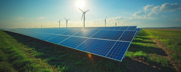 Solar panels with wind turbines cultivate a field. green energy sources. a sunny setting with an energy generator for the production of clean energy -, Generative AI