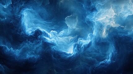 Abstract swirling blue and white clouds in a deep, dark sky.