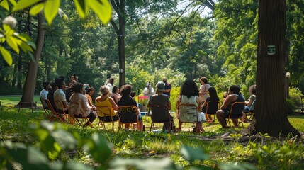 A community gathering in a park, with individuals sharing stories and experiences, representing collective empowerment through shared knowledge, Empowerment
