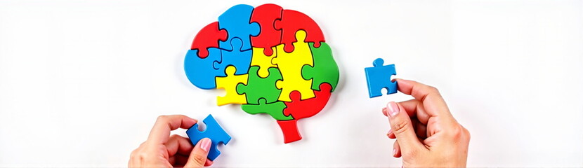 Fototapeta premium Hands assembling colorful brain-shaped jigsaw puzzle