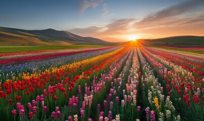 Obraz premium Vibrant Multi-Colored Flower Beds Under Radiant Sunset with Rolling Hills in the Distance, Capturing the Beauty and Serenity of Nature in Bloom, Generative AI