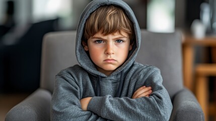 Fototapeta premium Young Boy in Grey Hoodie Sitting in a Chair with Arms Crossed
