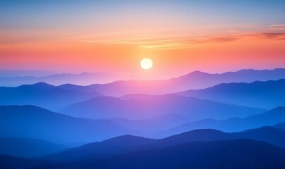 Obraz premium Mesmerizing Sunrise Over Blue Mountains: Serene Morning Horizon, Nature's Tranquility, Smartphone Background, Generative AI