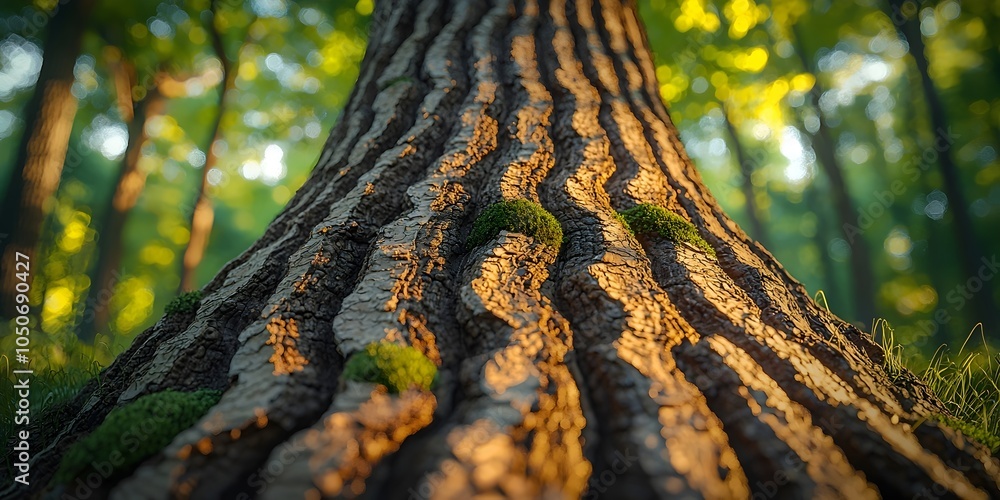 Poster a close-up view of a textured tree trunk in a lush forest, showcasing deep grooves and patches of gr