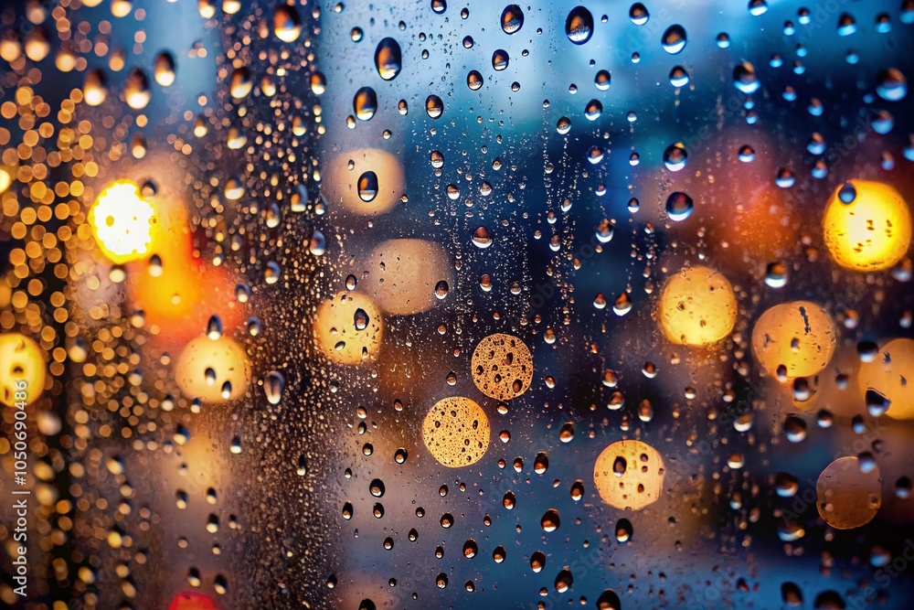 Poster rain on glass bokeh effect - captivating wet window scene with soft focus background