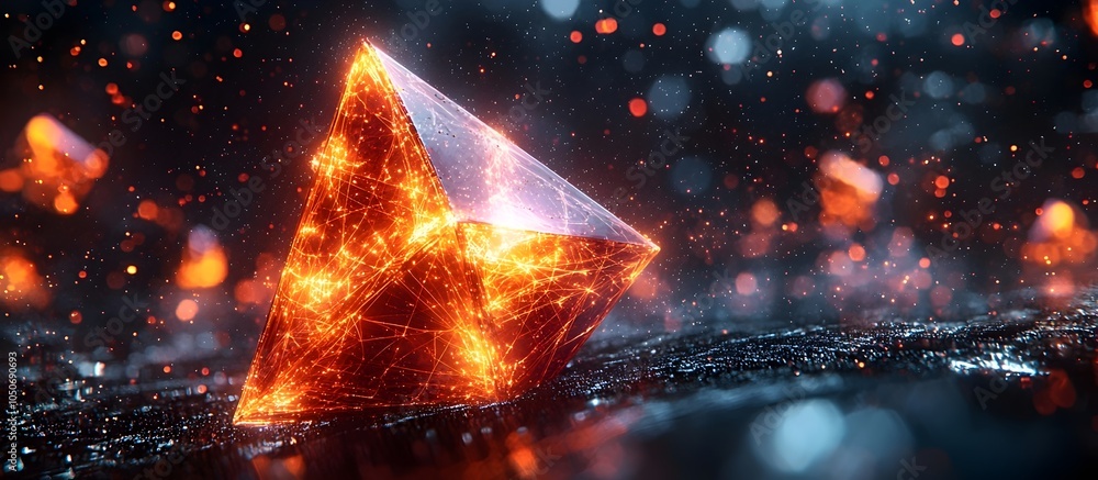 Poster a stunning geometric crystal structure emits a warm glow, showcasing intricate patterns and textures