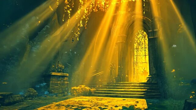 Sunlight streams through a broken window, illuminating the stone steps leading to a doorway in an overgrown, abandoned building