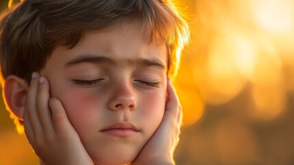 Obraz premium Close-up Portrait of a Young Boy with Eyes Closed, Golden Sunlight Background