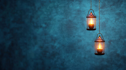 serene scene featuring two hanging lanterns casting warm glow against textured blue background, creating peaceful and inviting atmosphere