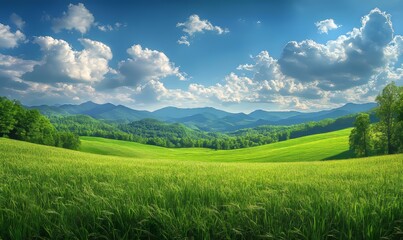 Obraz premium Sunny Day Panorama of a Lush Green Grass Field with Rolling Hills, Mountains, and Dramatic Clouds, Ideal for Natural Landscape Backgrounds and Relaxing Environment, Generative AI