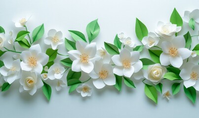 Obraz premium White Paper Cut Jasmine Flowers with Green Leaves on Light Background - Spring Origami Abstract Art, Botanical Blossom Decor, Creative Floral Design Element for Craft and Stationery, Generative AI