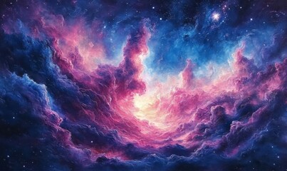 Fototapeta premium Ethereal Cosmic Painting with Swirling Pink and Blue Clouds in a Dreamlike Galaxy Landscape for Tranquility and Imagination, Generative AI