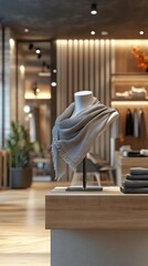 A contemporary boutique showcases a scarf mockup elegantly displayed on a mannequin