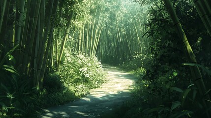 Obraz premium A tranquil bamboo forest with tall, dense stalks of bamboo, a narrow path winding through, and soft sunlight filtering in