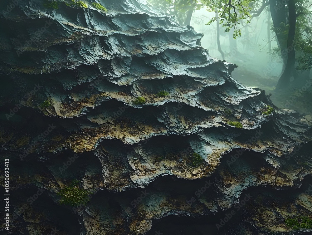Poster close-up of textured bark on a gnarled tree highlighted by morning mist, creating a moody and myster
