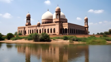 Fototapeta premium An aerial shot of a historic building that dates back 700 years, featuring intricate Islamic architecture with large arched windows, white walls with gold detailing, a grand dome, and multiple minaret