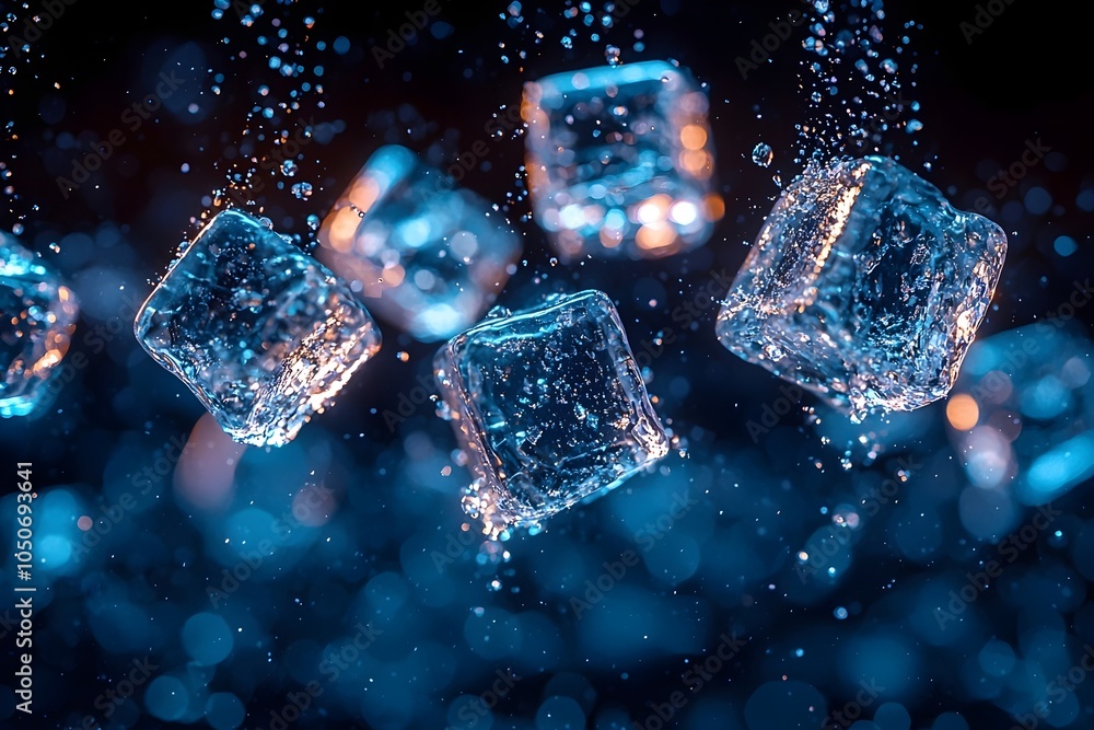 Aufkleber a mesmerizing shot of ice cubes splashing into water, creating dynamic droplets and a refreshing atm