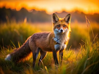 Red Fox Silhouette in Tall Grass at Dusk - Nature Photography