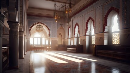 Fototapeta premium a mosque that was once a 700-year-old, with intricate Islamic architecture, a large arched window that offers a peaceful view of the Nile River and lush greenery