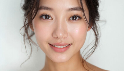Naklejka premium A captivating close-up portrait of an Asian woman showcases her radiant beauty and confidence.