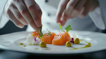 Here is the image of the chef arranging and serving a beautifully plated salmon sashimi dish.
