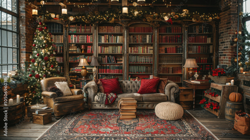 Poster a bookshelf made of wood, creating a festive atmosphere.
