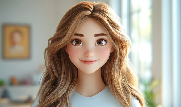 Young Adult Female Cartoon Character with Long Light Brown Hair Smiling on Light Background in 3D Style Human Expressions Concept, Generative AI