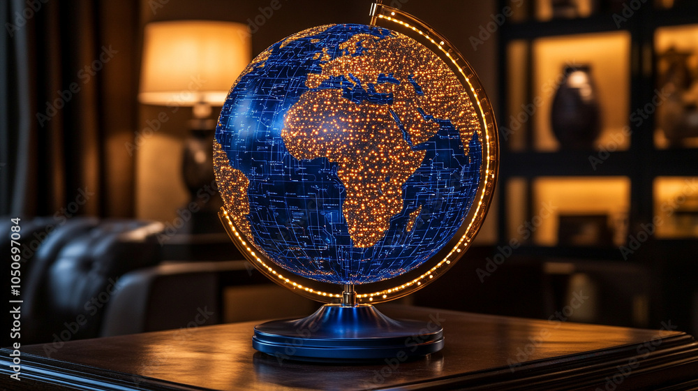 Poster digital globe sphere with interconnected circuits represents global connectivity, technology, and th