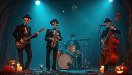 Fototapeta premium Skeleton Band Performing Jazz in Spooky Forest with Halloween Decorations and Glowing Pumpkin Atmosphere