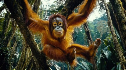 Naklejka premium Sumatran Orangutan Swinging Through Rainforest Canopy