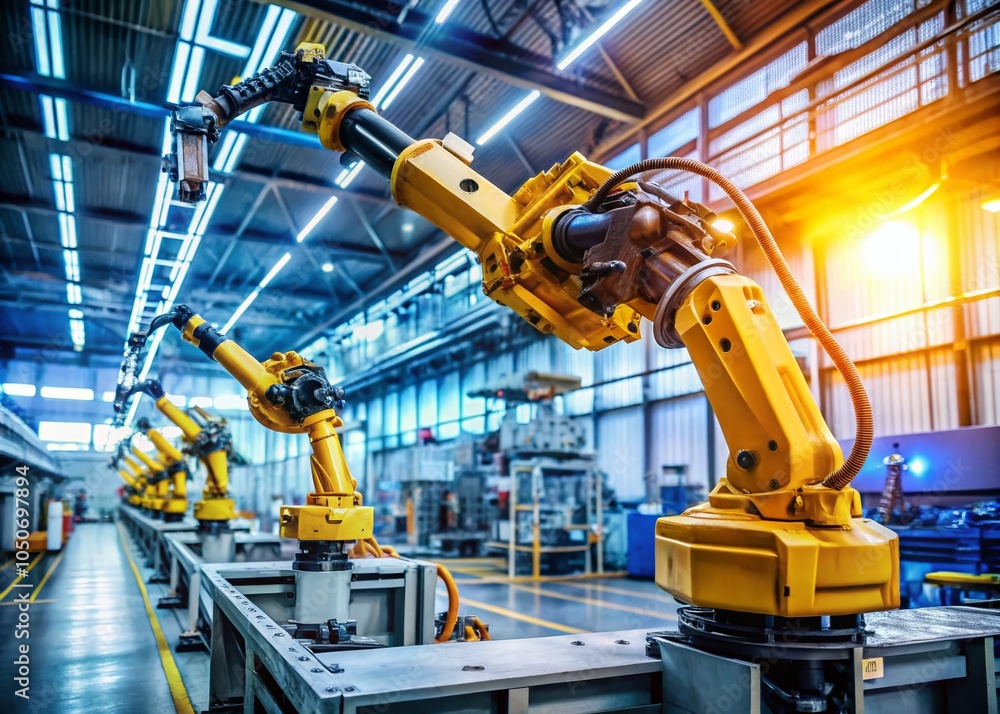Poster robotic arm in a precision manufacturing factory setting for industrial automation