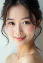 Naklejka premium A captivating close-up portrait of an Asian woman showcases her radiant beauty and confidence.