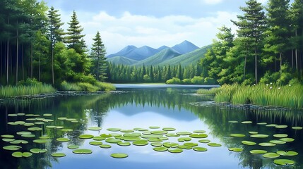 Fototapeta premium A tranquil forest lake with lily pads floating on the surface, surrounded by tall pines and a distant mountain range reflected in the calm water