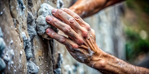Rock Climber's Hand Gripping Rough Hold with Visible Sweat and Chalk in High Depth of Field