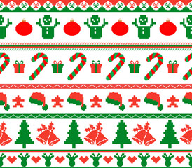 Seamless knitting pattern for winter with squirrels, Christmas ornaments, vector, pixel.