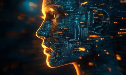 Robot Analyzing Code: AI Ethics, Compliance, and Bias Prevention in Machine Learning Algorithms, Futuristic Setting, Glowing Circuit Board at Night, Generative AI