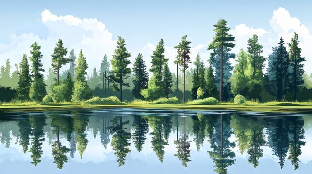 Calm river reflecting tall green trees adobe illustrator